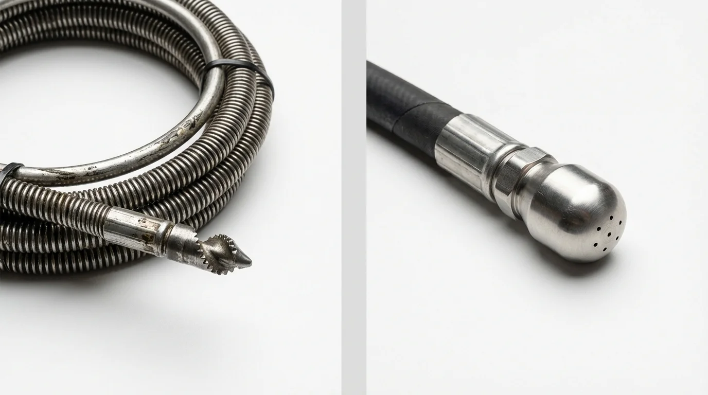 Drain snake cable and hydro jetting nozzle used for drain cleaning in Rogersville, AL