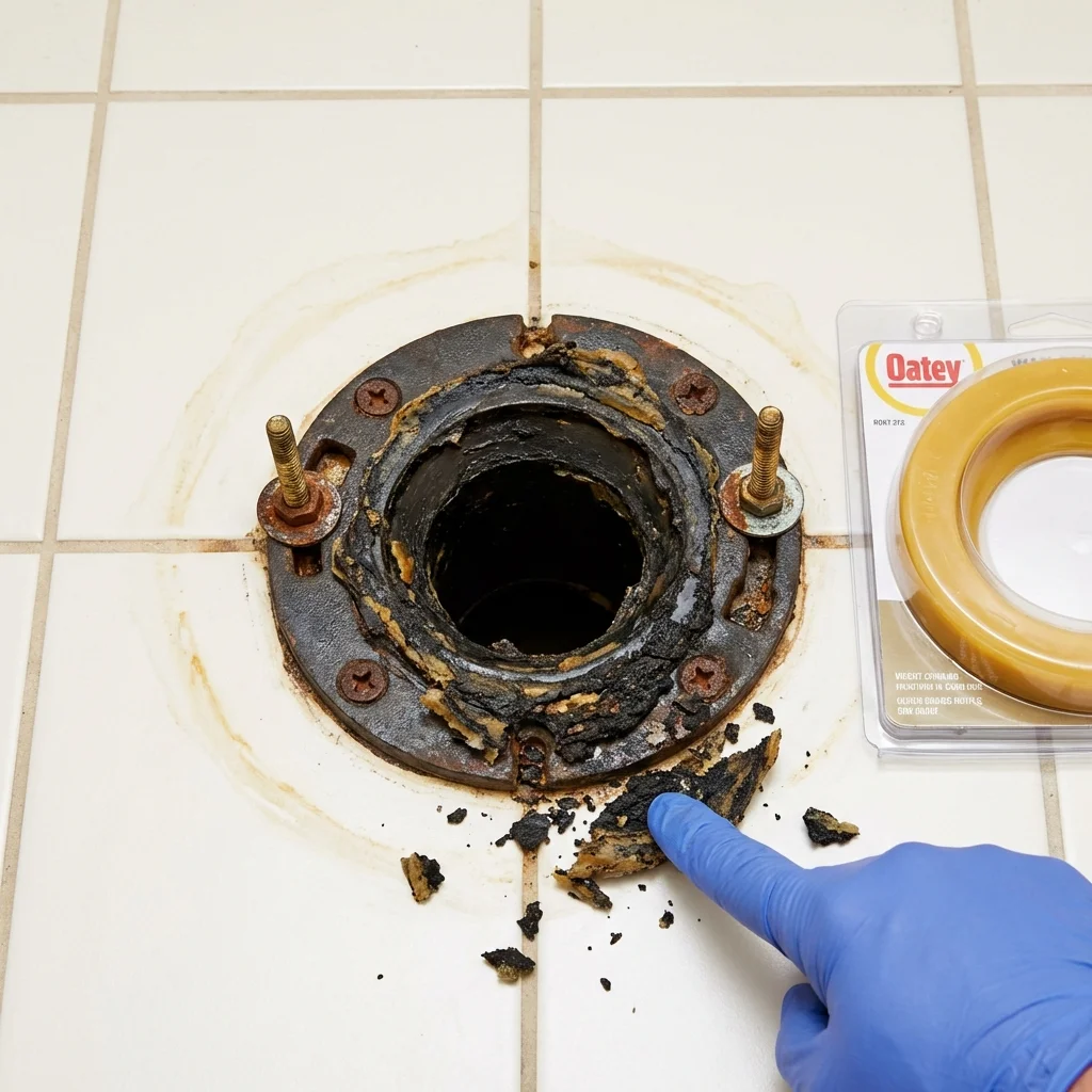 Failed wax ring showing water seepage at the base of a toilet in a Rogersville, AL home
