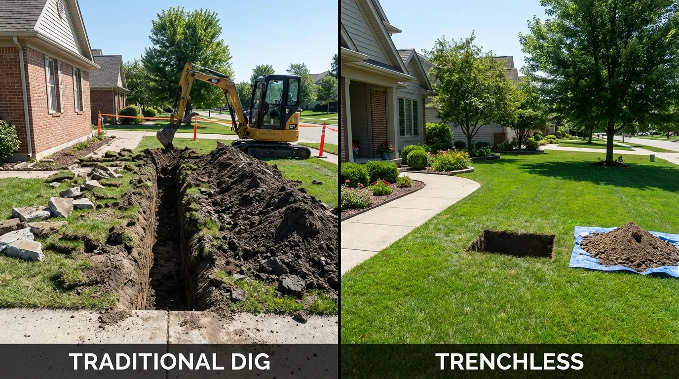 Trenchless sewer repair with minimal yard damage versus traditional excavation in Rogersville, AL