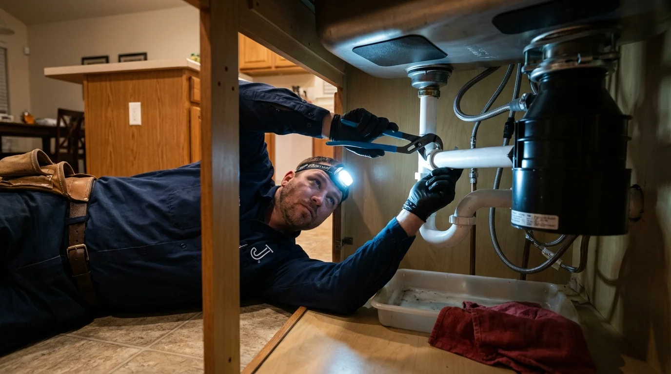 P-trap and supply line connections under a kitchen sink showing a common leak point in Rogersville, AL